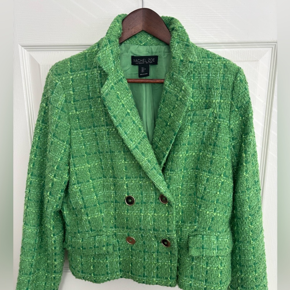 RACHEL ZOE GREEN APPLE TWEED TEXTURED DOUBLE BREASTED BUTTON BLAZER  SZ  L - Picture 6 of 13